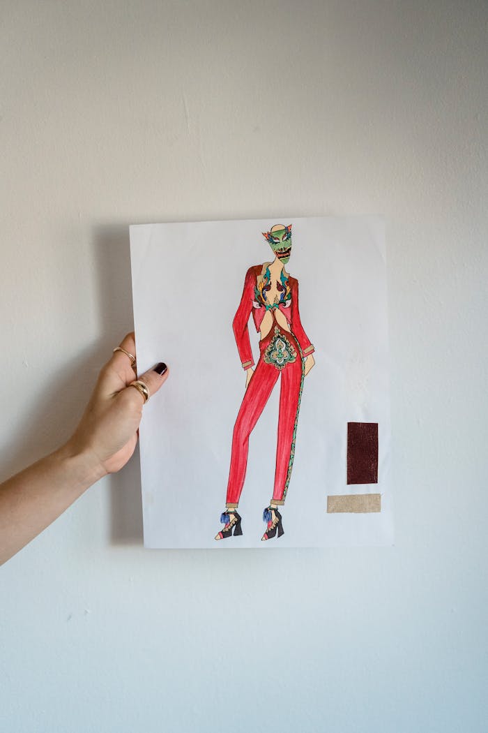 Crop anonymous woman showing paper sheet with drawn creative fashion illustration against white background in atelier