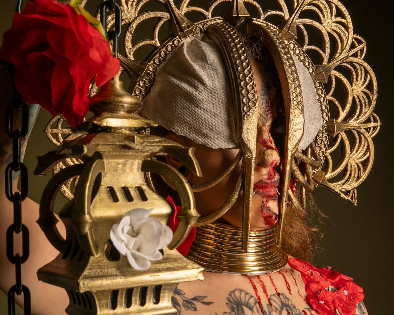 A captivating cosplay featuring intricate makeup and props, perfect for creative inspiration and Halloween themes.